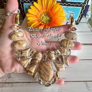 Picture Jasper Pearl Citrine Necklace Handmade Large Gemstone 925 Silver Ethnic
